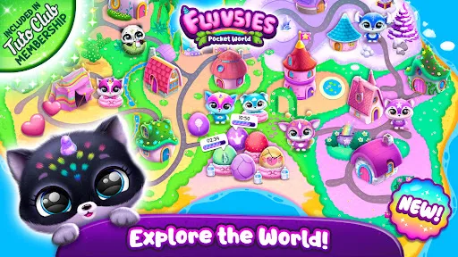 Fluvsies Pocket World gameplay showing cute virtual pets